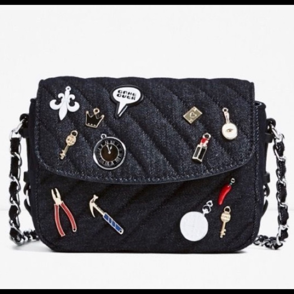 Zara Denim Crossbody Bag with Decorative Pins